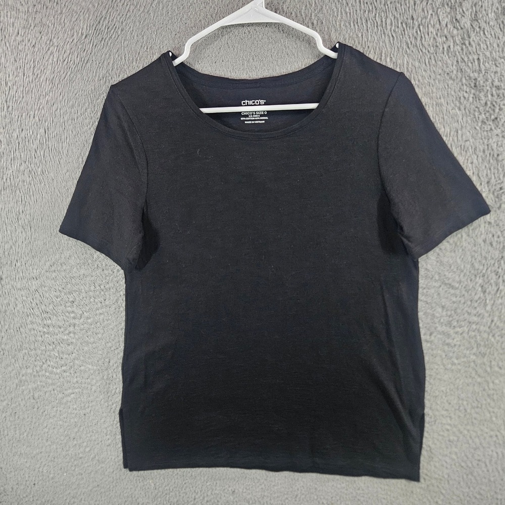 Chicos The Ultimate Tee Black Cotton Modal Button Back Top Size 0 S